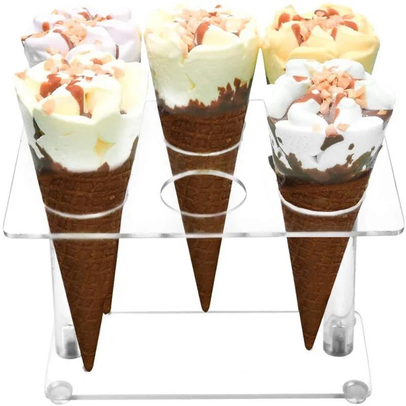 Top Quality 6 Hole Ice Cream Cone Holder Clear Acrylic Waffle Cone Display Stand Roll Sushi Popcorn Rack For Party Kids Birthday