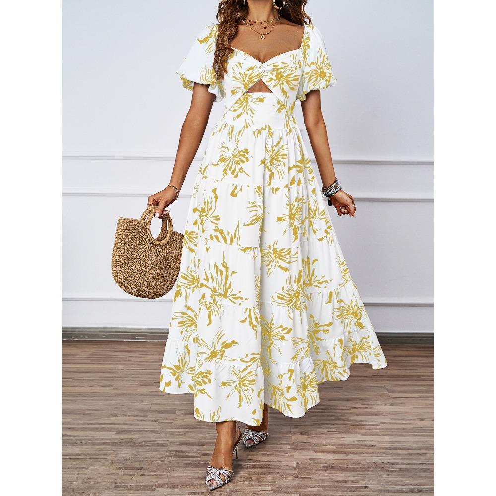 Sommerkleid für Damen, elegant, mit Blumenmuster und ausgehöhlten Schultern