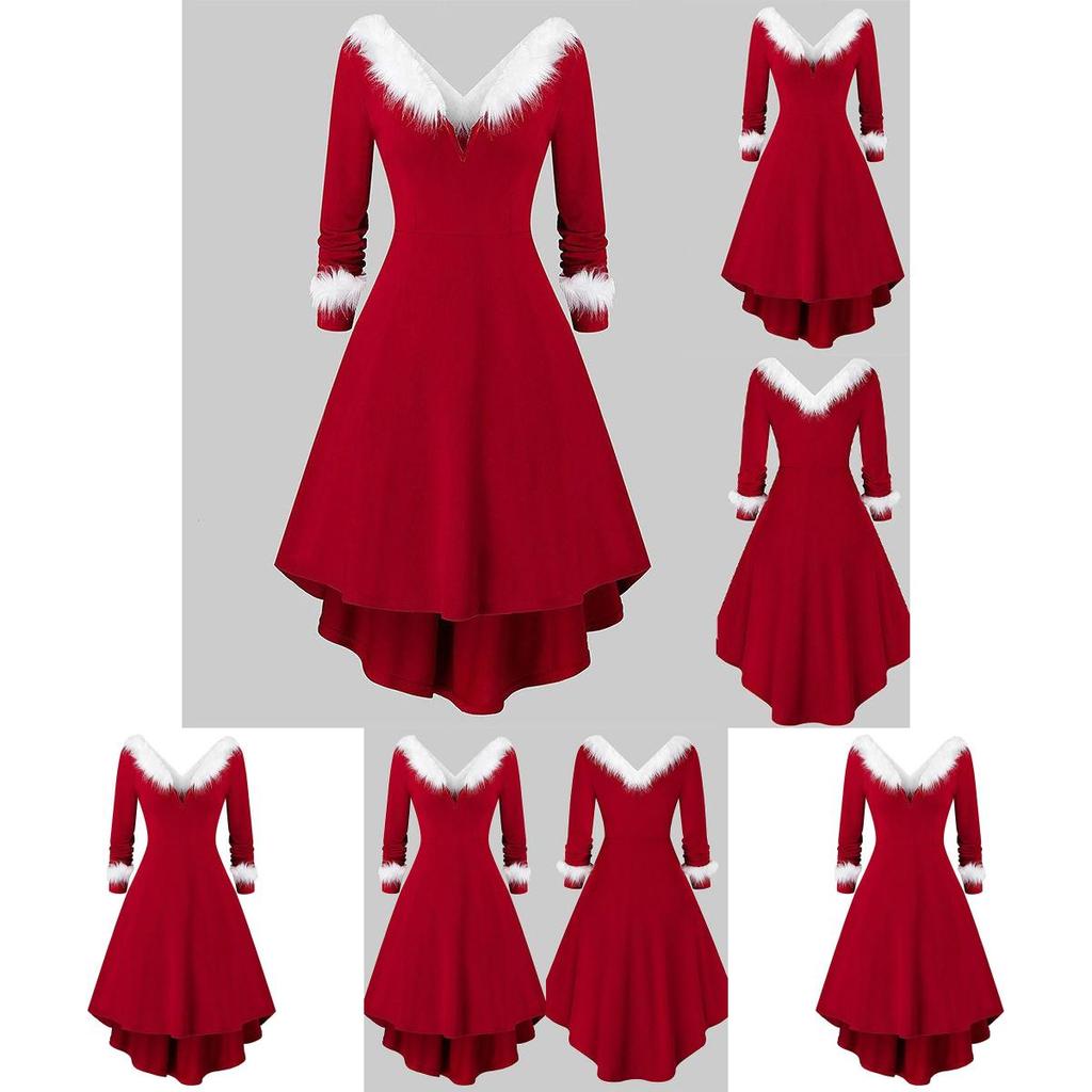 Women Ladies Christmas Asymmetrical Faux Fur Panel Red Retro Fancy Dress Gown Stylish Flowy Maxi Dress For Festive Occasions