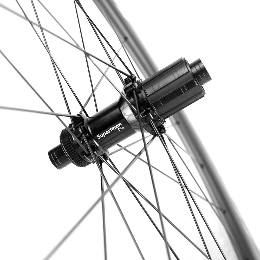 SUPERTEAM Carbon Clincher Wheels 700C Disc Brake Bike Wheel Set and Center Lock Thru Axle 50C-25 (White Red, 12100-12142)