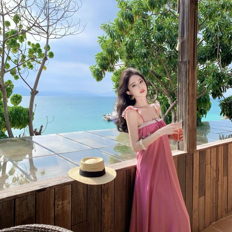 Internet Celebrities with the Same Pink Purple Chiffon Lace Suspender Dress Women's Summer Seaside Vacation Style Sexy Dress