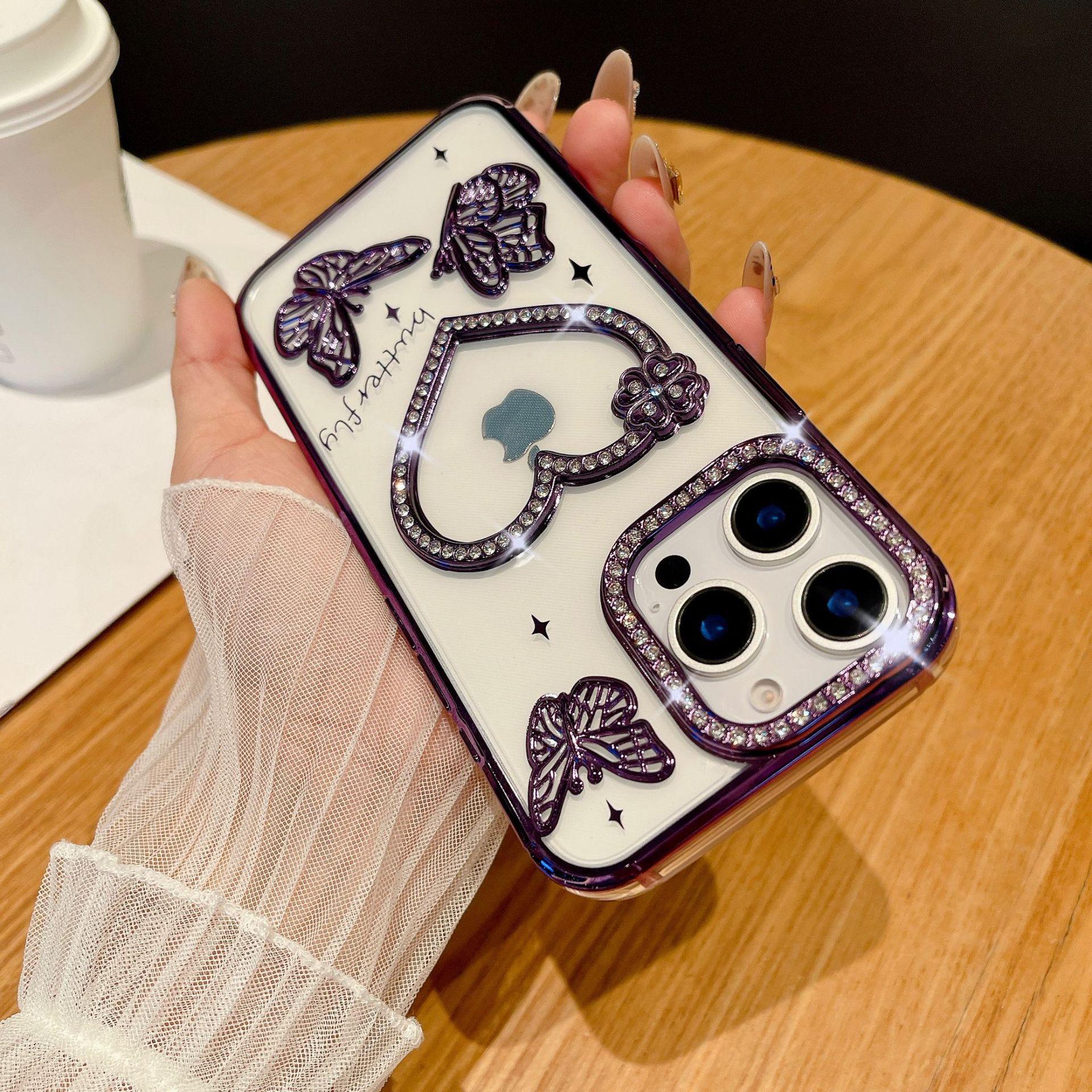 

For IPhone 16 Promax Sparkling Diamond Phone Case for Apple 15 Love Butterfly 14 Gradient Sparkling Pink Soft Case For iPhone11Promax