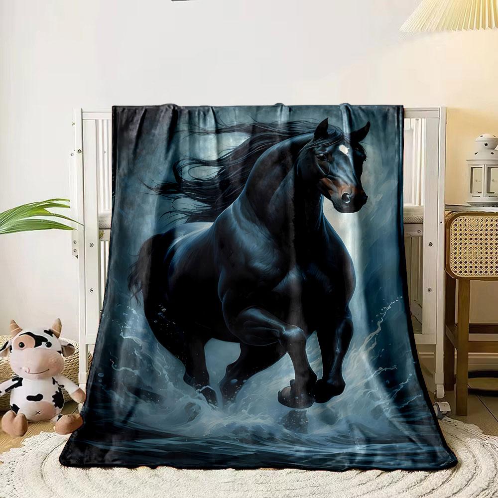 Zwart Paard Waterloop Print Deken slaapkamer Deken voor Woonkamer Bank lunchpauze Zachte plaid voor Vrienden festival Cadeau