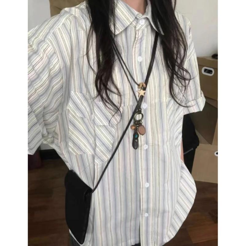 Женская японская ретро синяя полосатая рубашка с коротким рукавом Летний дизайн Свободный топ XS