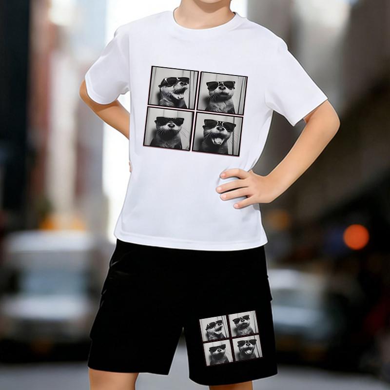 

Boys 2 Piece Cute Otter Printed outfit, Short Sleeve T-Shirt and Shorts Set for Kids Age 5-14,White, Black Sporty Casual Summer Clothes 13-14 Years