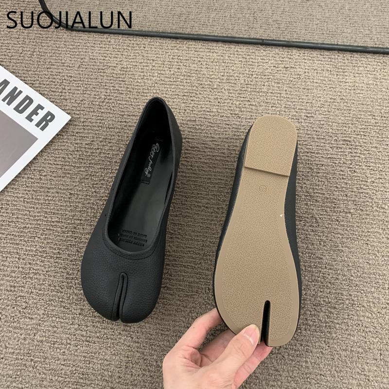 Fashion SUOJIALUN 2025 Spring New Brand Women Flat Shoes Fashion Split Toe Flats Shoes Women Slip On Casual Loafers Shoes Ballet Shoes