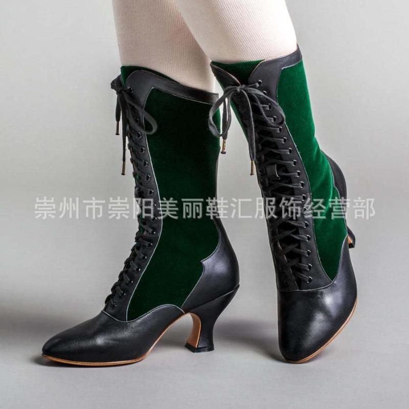 Women's Party Mixed Colors Mid-Calf Boots Pointed Toe Square Heel Lace Up Women Shoes Elegant Retro Fashion Boots Large Size 43