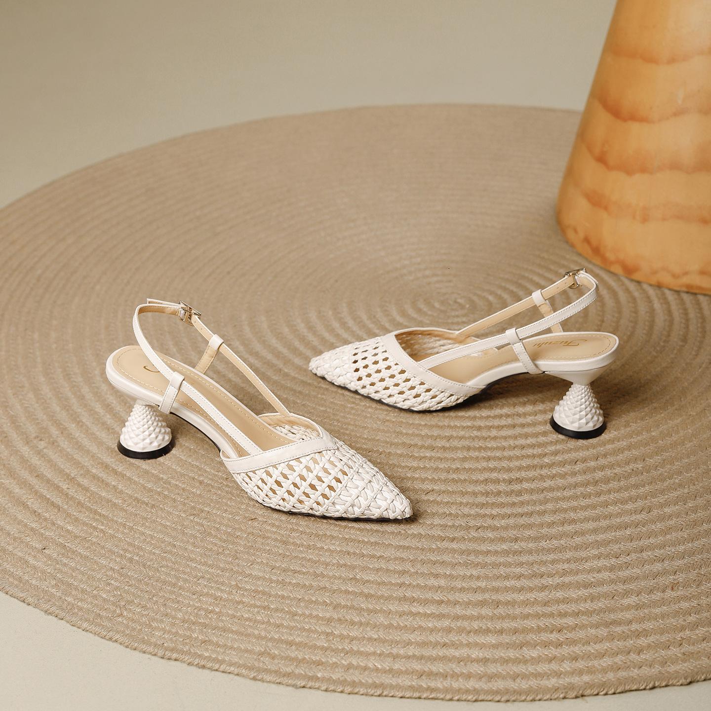 Красивая сумка, голова, плетеные полые сандалии, женские 2025 лето, новая уличная одежда, темпераментные, модные, универсальные, остроносые туфли на высоком каблуке 34