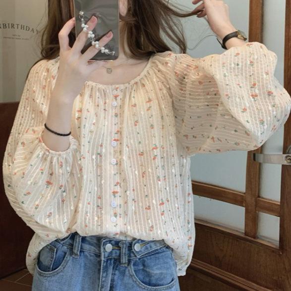 Early Spring and Autumn Small Fresh Chiffon Floral Shirt Women's Design Sense Niche Chic Thin Hong Kong Style Long-sleeved Shirt Summer