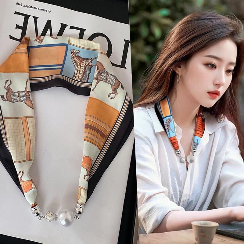 New Luxury Design Magnetic Pearls Button Silk Scarf Women Summer Neck Ornament Silk Scarves Lady Shirt Sunscreen Decoration Gift