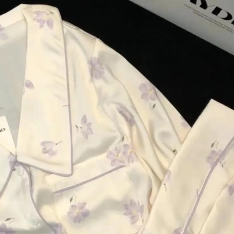 2 Pieces Pajamas for Women Autumn Spring Women's Pajamas Set Elegant Ptinting Flower Home Wear Soft Sleepwear