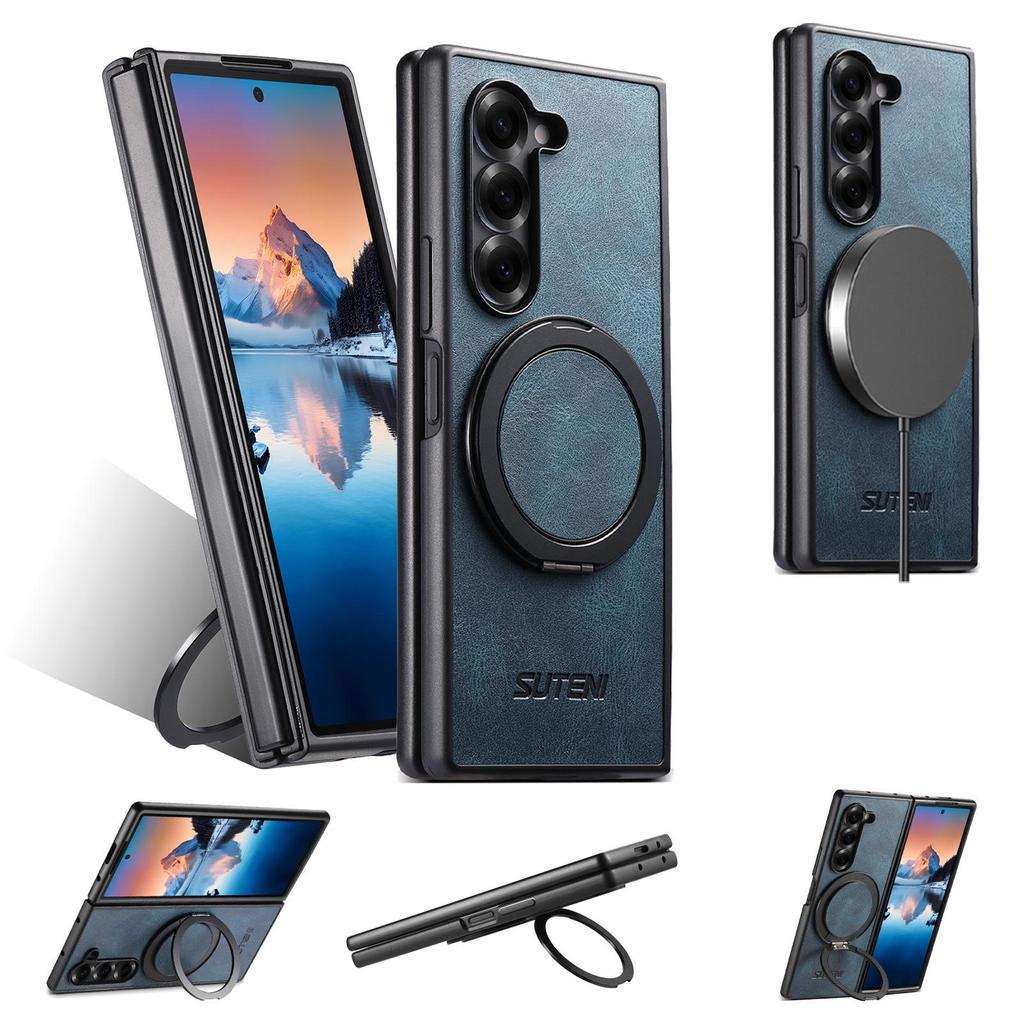 Samsung Z Fold7/6/5 Magnetic Wireless Charging Case with 360° Rotating Ring Stand and Leather Finish
