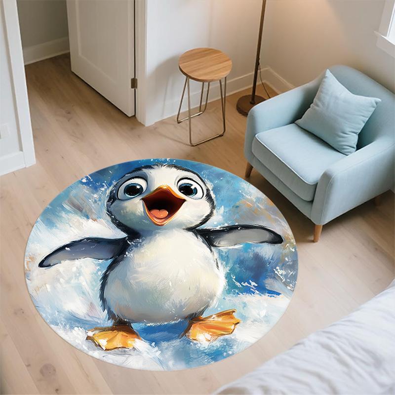 Snowing Penguin,Round Area Rug,Carpet Rug for Living Room Bedroom Sofa Playroom Decor,Non-slip Floor Mat