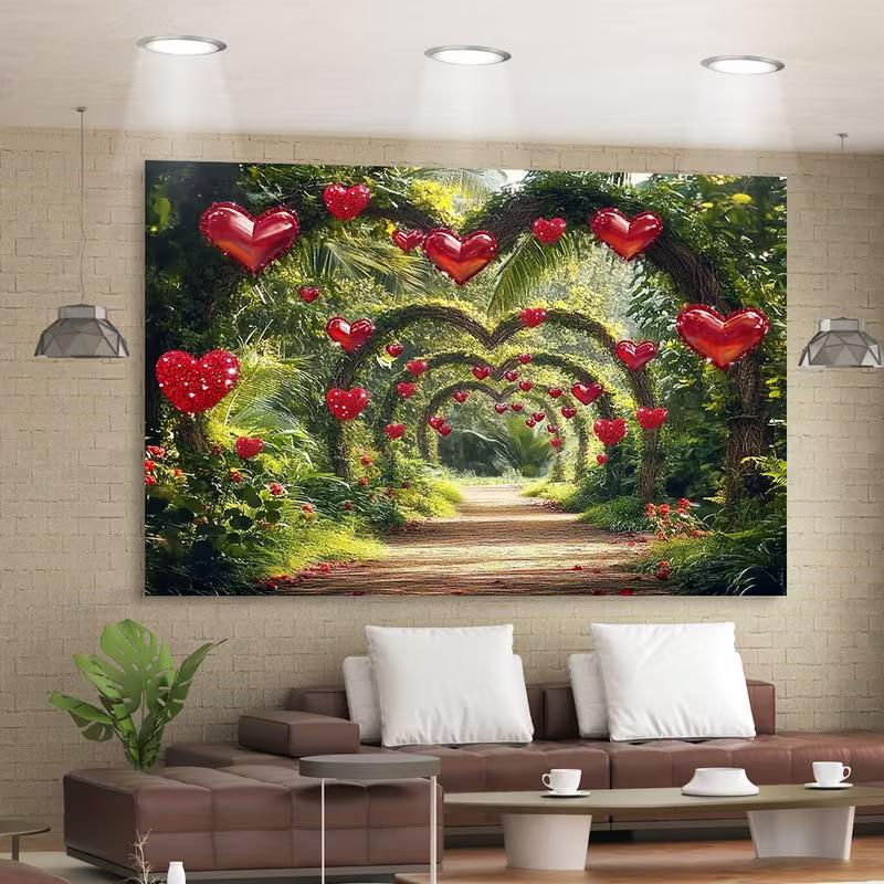 

2D Romantic Heart Arch Backdrop, Lush Garden Path with Red Hearts Background for Valentine s Party 47.2x31.5inch/120*80cm