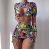 Costume da bagno da donna diviso in tre pezzi a vita alta con coulisse stampa manica lunga o collo con lacci bikini