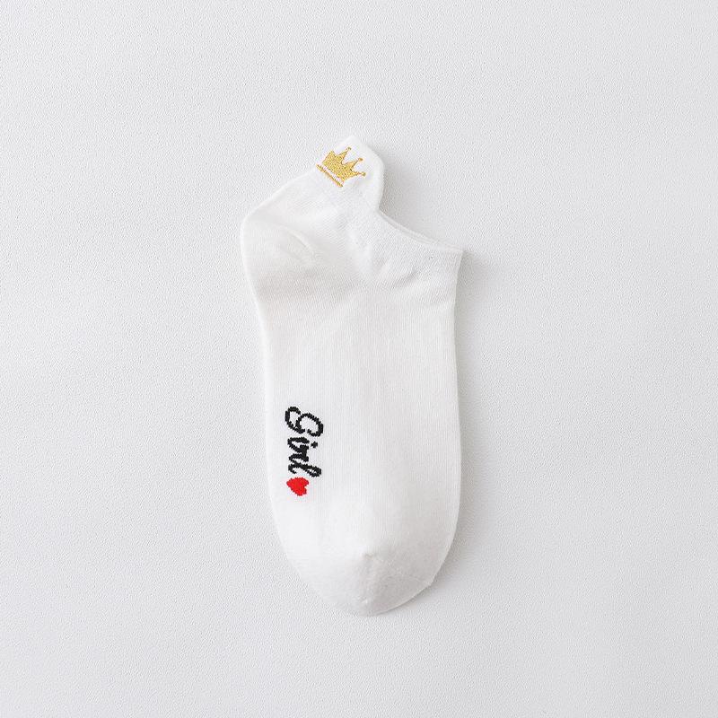 Ladies Spring Summer Cute Crown Embroidery Low Top Wicking Sweat Breathable Invisible Boat Socks