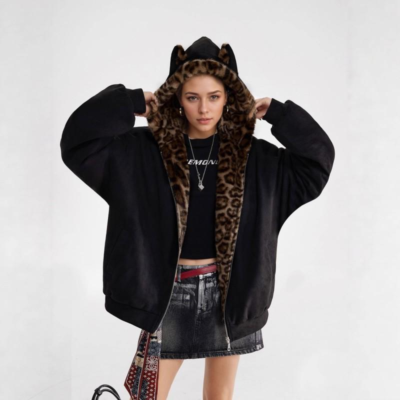 Faux Suede Fur Collar Hooded Coat Men Women Couple Thick Fashion Commute Outerwear