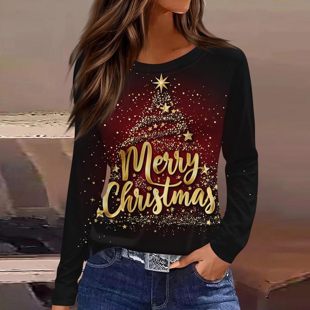 Women's Fashion Casual Slit Hem Round Neck Long Sleeve Loose Christmas Printed T-Shirt Ladies Top