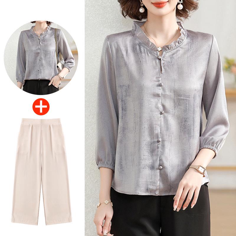 2025 New Spring/Autumn Fashion Set for Middle-Aged Women: Seven-Sleeve Chiffon Blouse