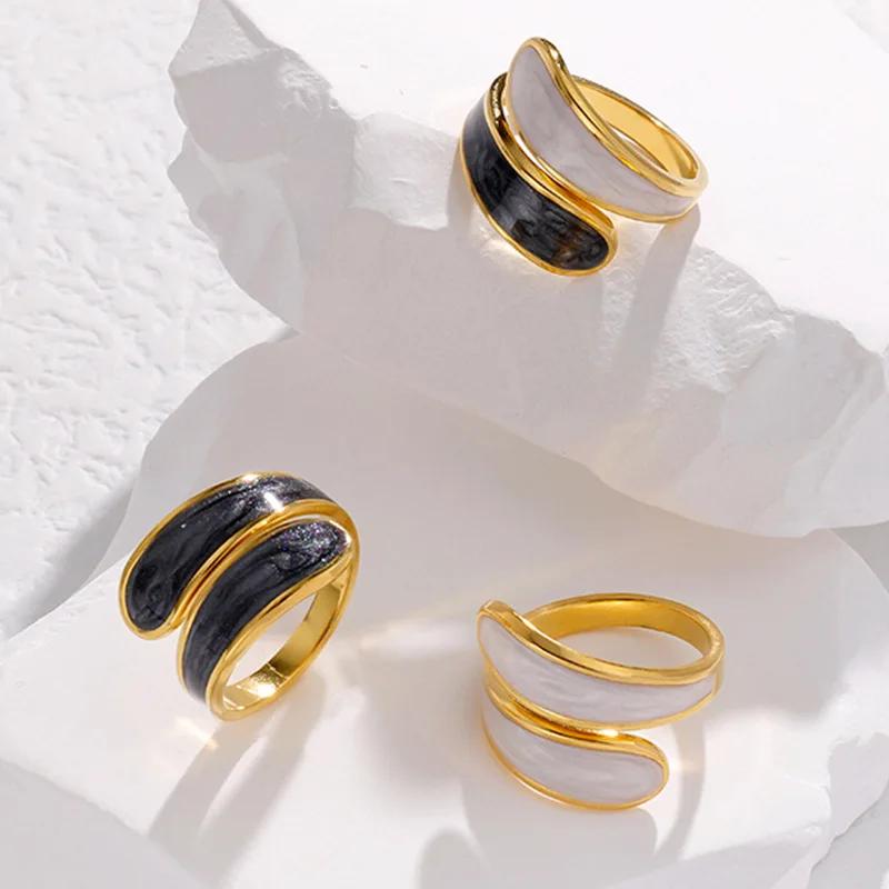 Stainless Steel Black and White Ring with Enamel Simple Double Layer Oil Dripping Adjustable Open Finger Ring for Women No Fade