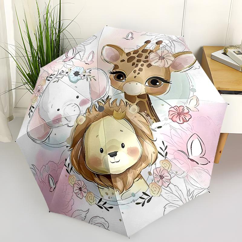 Cartoon Forest Animals Folding Umbrella Auto-Open Design 8 Iron Ribs Plastic Handle Foldable Sunshade Perfect Christmas Gifts