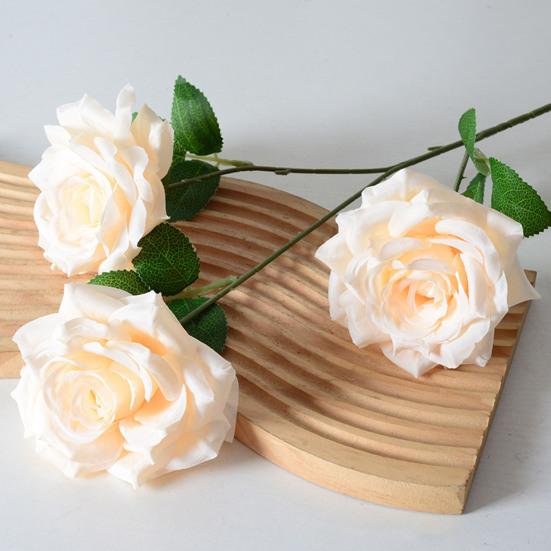 Artificial Rose Flower Realistic Fake Long Stem Rose Bouquet with 3 Heads Blooms for Wedding Centerpiece Home Party Decor