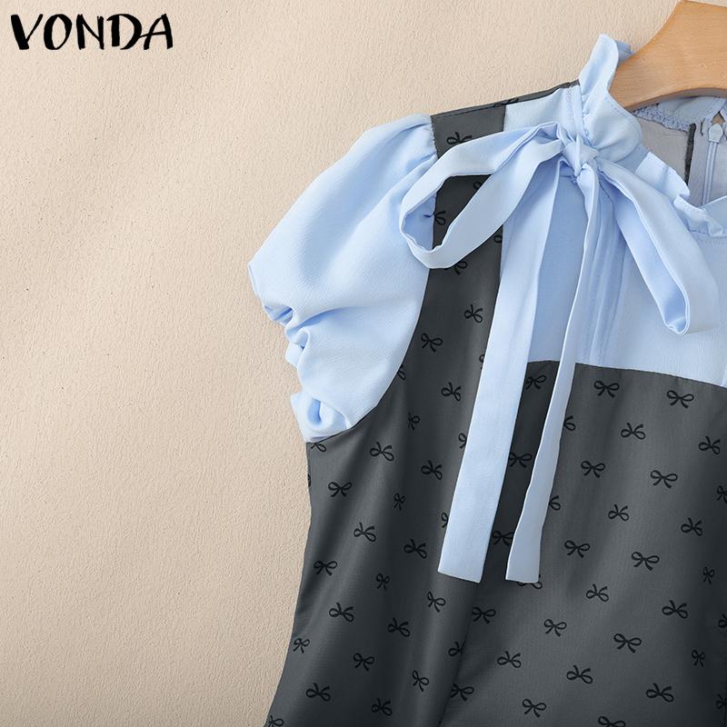 VONDA Women College Style Ruffled Neck Bow Knot Polka Dots Patchwork Pleated Dress