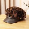 Leather Patchwork Newsboy Cap Hard Brim Octagonal Cap Retro Artist Hat  For Women