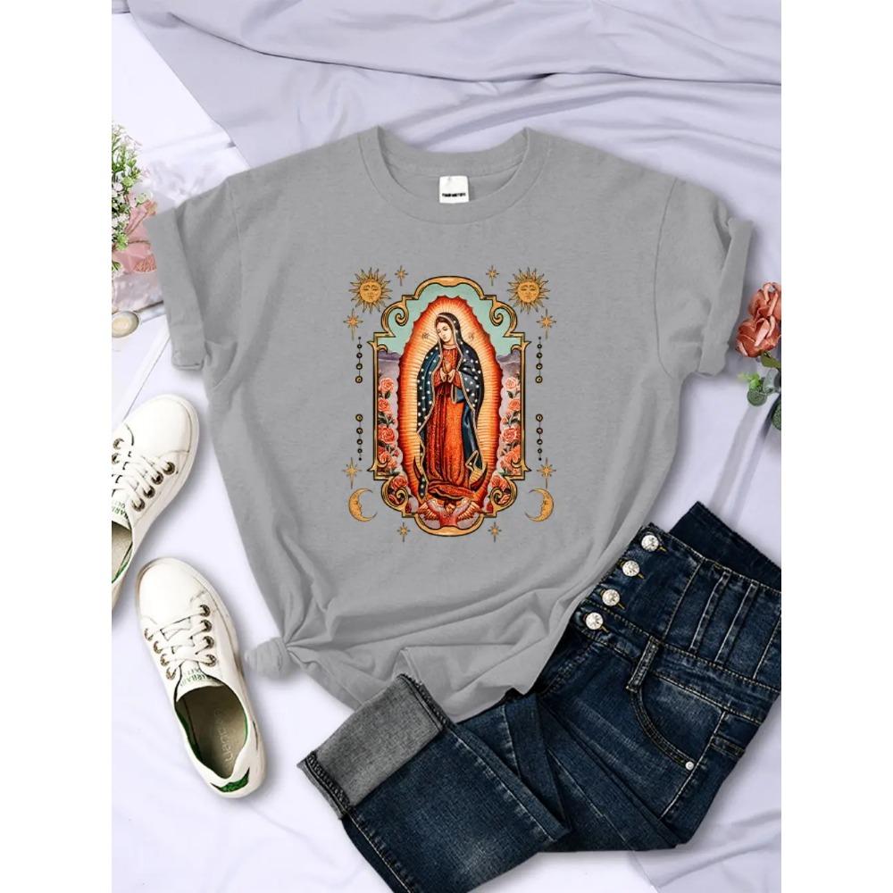 T-shirts de rue Notre-Dame de Guadalupe T-shirts Imprimés Confortables Col Rond Manches Courtes Été Décontracté Vêtements Féminins