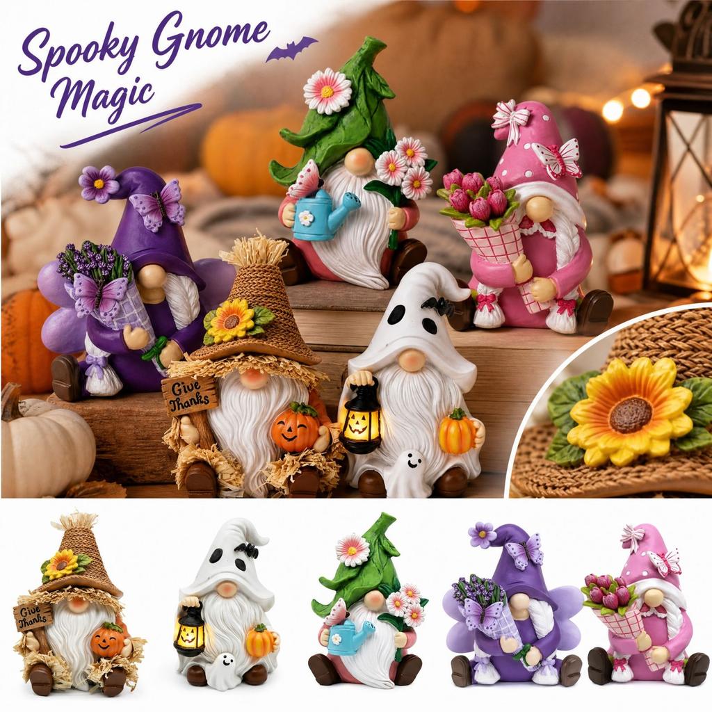 Halloween Resin Gnome Figurine Decor - Tabletop Ornament for Shelf, Mantel and