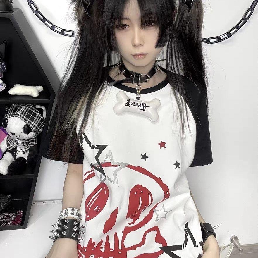 Emo Punk T-shirt Grunge Aesthetic Y2K Spring Long Sleeve Harajuku Loose Casual Rock Subculture Harajuku Top Street Student Summer