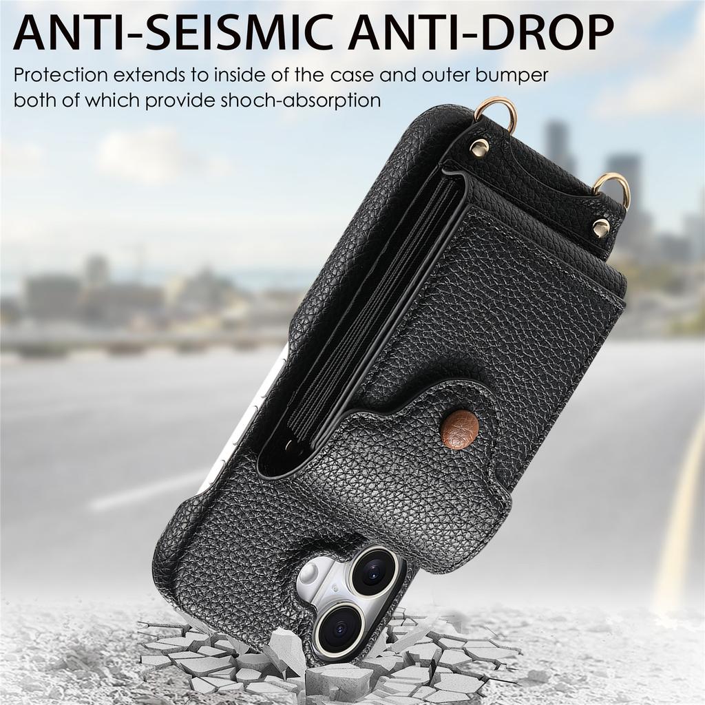 Per Custodia iPhone 16 Portacarte a Specchio Pelle con Texture Litchi Cover Posteriore per Telefono con Laccio Lungo