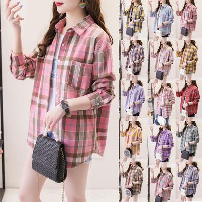 Moda feminina casual all-match camisa xadrez de manga comprida camisa de estudante casaco superior
