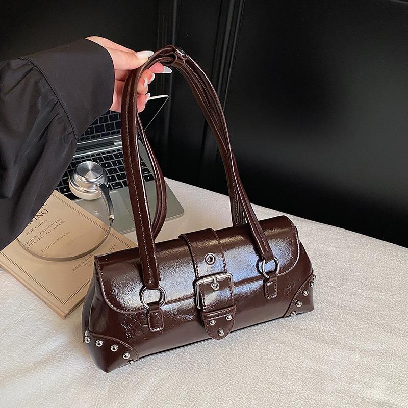 Premium texture portable small square bag women's bag new rivet shoulder bag commuter armpit bag
