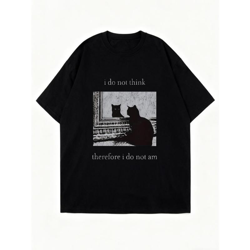 Oversized T Shirt Black Cat Graphic Print I Do Not Think Therefore I Do Not Am Text Design Casual Streetwear Fashion Women Summer Top