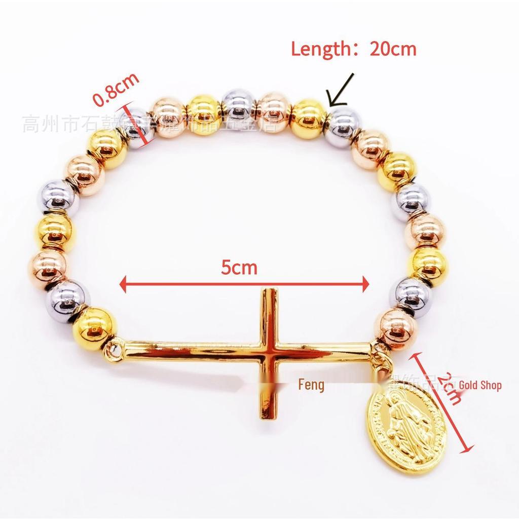 8mm Random Three-Color Bead Stainless Steel Handcrafted Cross Bracelet