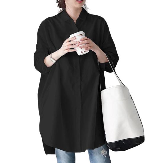 Women Shirt Lapel Long Sleeve Single Breasted Shirt Tops Solid Color Mid-length Irregular Shirt Tops Work Wear