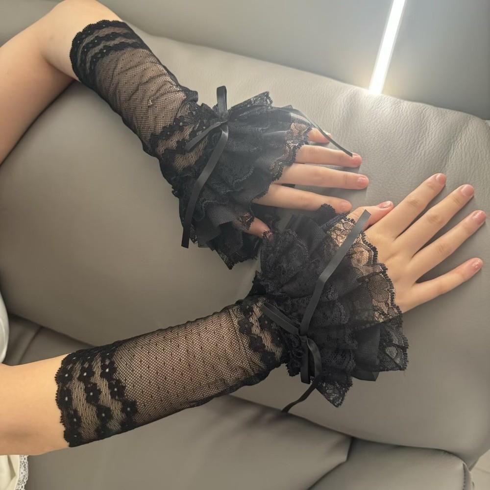 Hollow Out Lace Fingerless Gloves Ruffle Trim Bridal Wrist Gloves Lace Arm Sleeves Cosplay Event