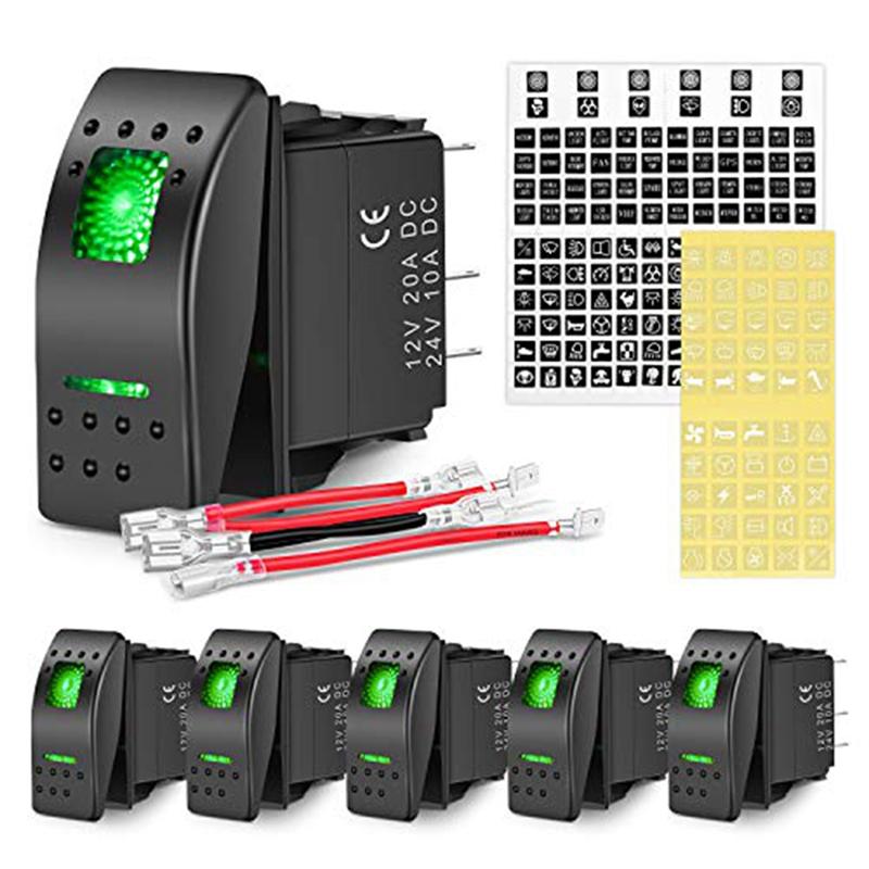 Portable 6 Piece 5-Pin SPST Rocker Switch, 20A/12V 10A/24V Toggle Switch As Shown ABS+Metal For Trucks, Boats, Cars And Motorcyc