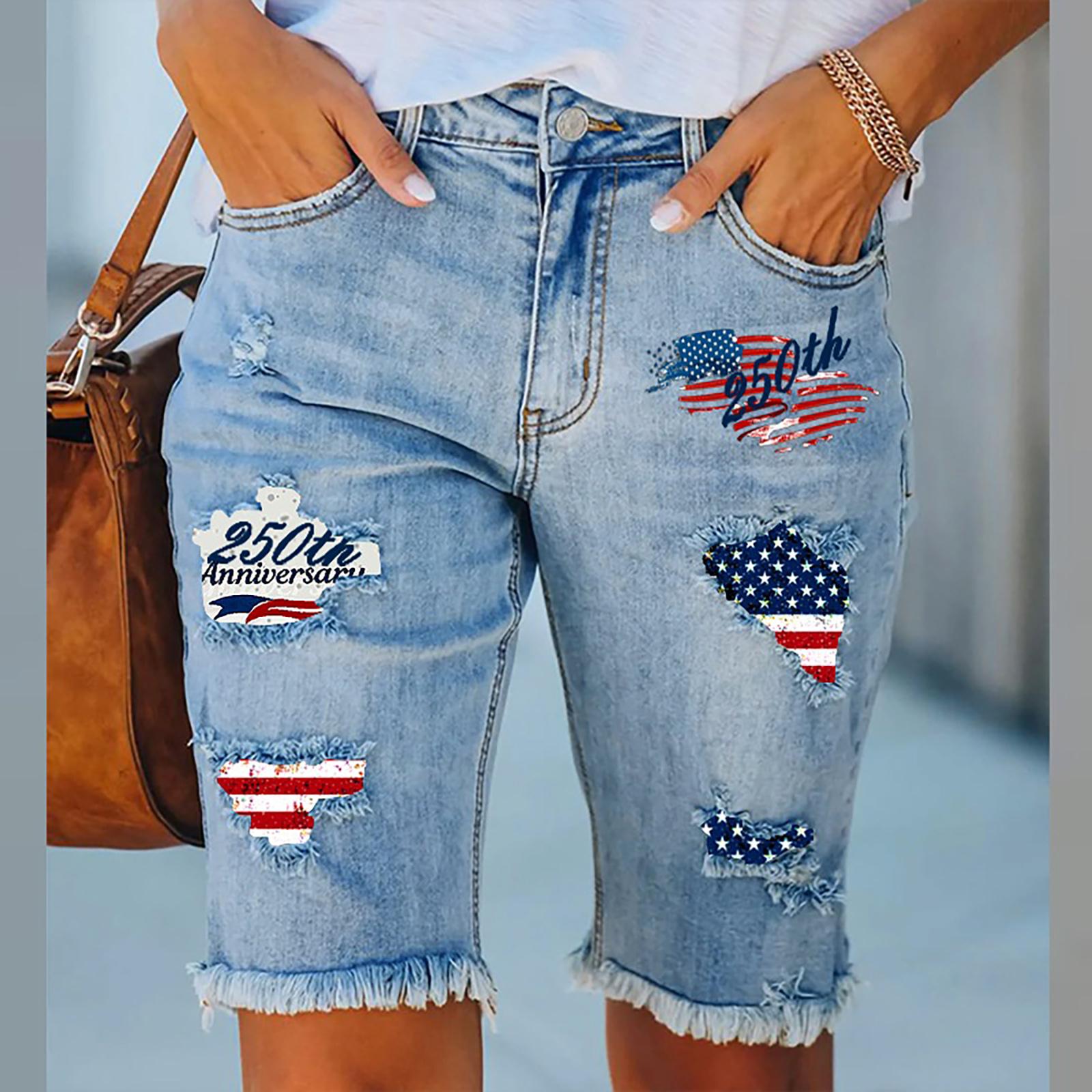 

Women s Mid Rise Distressed Denim Shorts with Printed Patches Street Style Five Inch Length Casual Summer Wear M синий