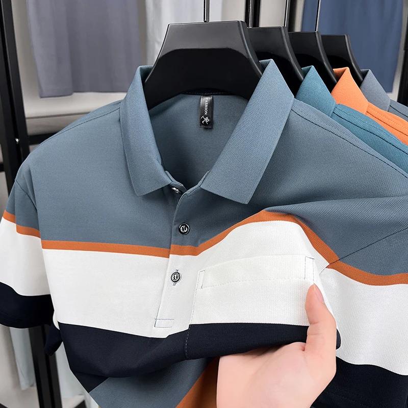 Pure Cotton Wide Stripe Color Blocked Short Sleeve Polo Shirt Fashion Men Comfortable Pocket Summer Breathable New T-shirt