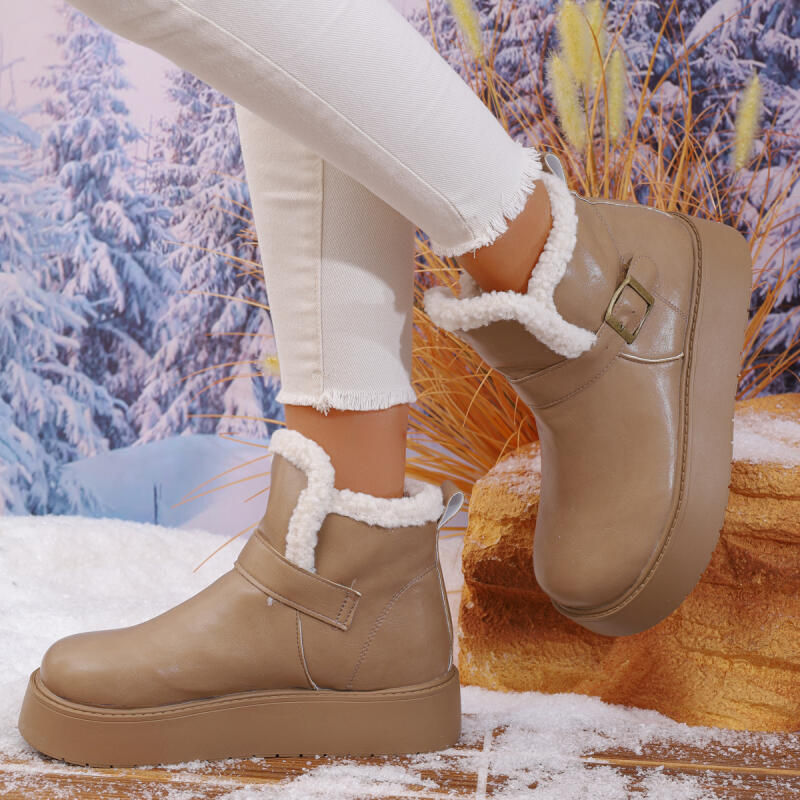 Fashion Thick Bottom Waterproof Pu Snow Boots Women 2025 Winter Metal Buckle Chunky Platform Furry Ankle Boots Warm Plush Casual Shoes