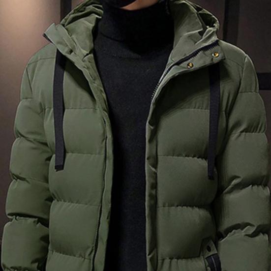 Autumn Winter Men Jacket Cotton Padded Hooded Long Sleeve Drawstring Mid-length Windbreaker for Daily Wear