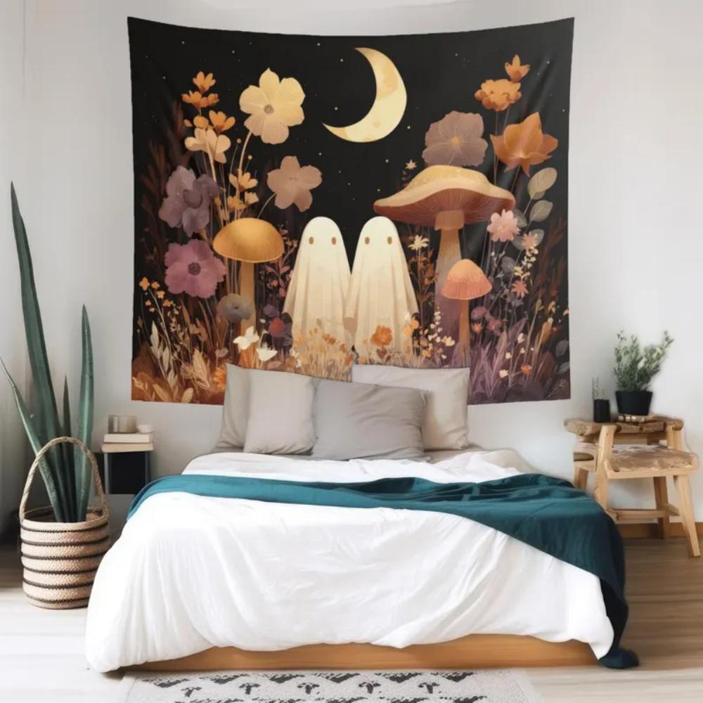Ghost Garden Whimsy Tapestry With Cute Ghosts Mushrooms Crescent Moon Cottagecore Halloween Wall Art for Witchy Decor