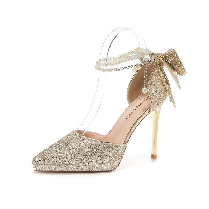 

Блестящие блестящие банты с жемчужной цепочкой на высоком каблуке свадебное банкетное платье свадебные туфли женская обувь 40
