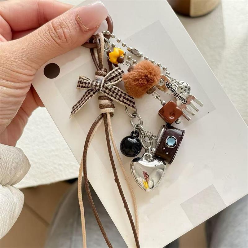 Cute Braided Rope Love Bow Bead Fluffy Ball Keychain Pendant Backpack Charm Phone Chain Bag Hanging Accessory Girl Keyring Gifts