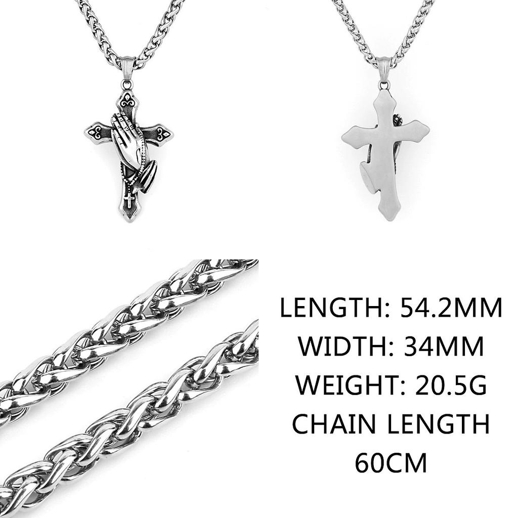 Vintage Praying Hands Cross Pendant Necklace For Men Punk Stainless Steel Jewelry