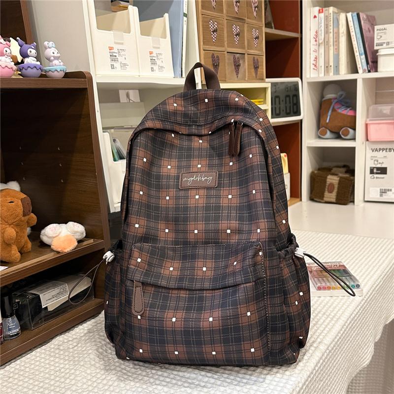Preppy Backpack Student Large Capacity Commuting Lightweight Check Schoolbag чёрный