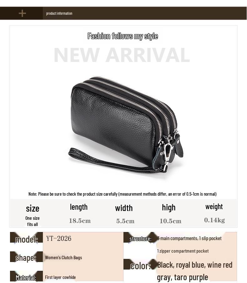 Extra Große Damen-Clutch aus Rindsleder: Dreilagige Reißverschluss-Handgelenktasche & Handy-Geldbörse aus echtem Leder.