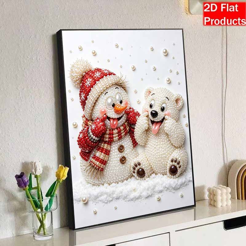 DIY Frameless Pearl Painting Kit Cute Snowman Polar Bear Cozy Home Decor 3D Shiny Bead Art Canvas Relaxing Craft Gift for Adults